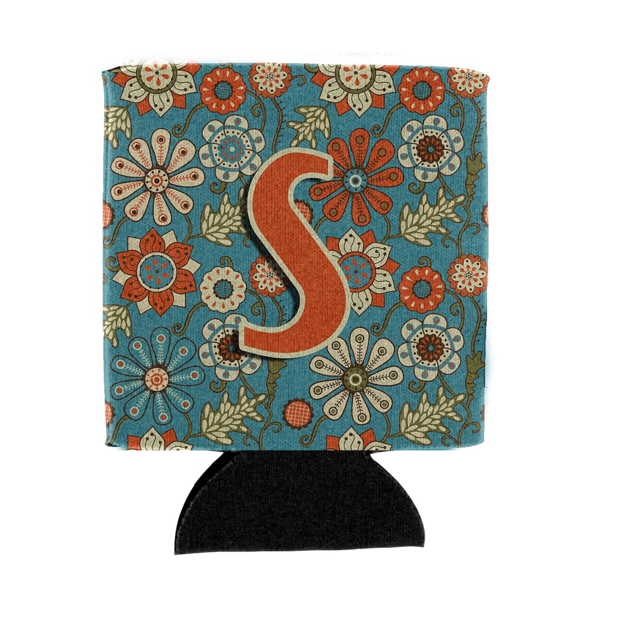 Letter S Flowers Retro Blue Can or Bottle Hugger