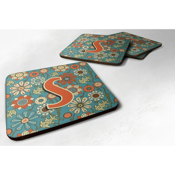 Letter S Flowers Retro Blue Foam Coaster Set of 4