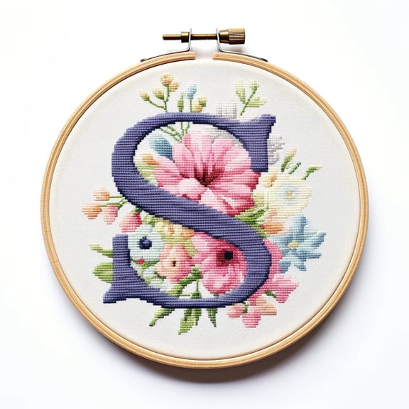 Letter S in Flowers Stamped Cross Stitch Kits for Beginners Easy with Hoop 11CT Needlepoint Embroidery Counted Cross Stitch Kits Art Craft Wall Decoration 35x35cm(1)