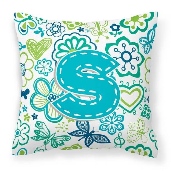 Letter S Flowers and Butterflies Teal Blue Canvas Fabric Decorative Pillow CJ2006-SPW1414