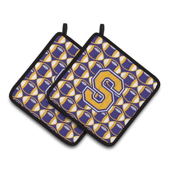 Letter S Football Purple and Gold Pair of Pot Holders