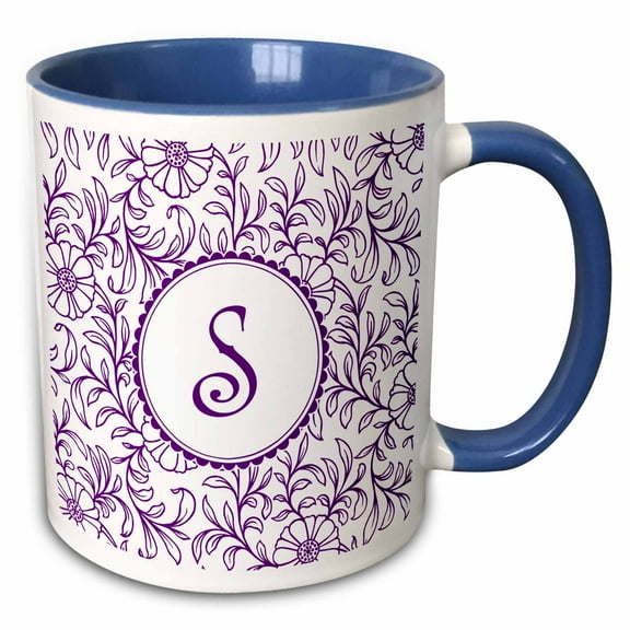 3drose, Letter S in Circle Over Swirly Floral Pattern in Purple and White, 11oz Two-tone Blue Mug