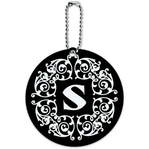 Letter S Initial Black White Scrolls Round Luggage ID Tag Card for Suitcase or Carry-On