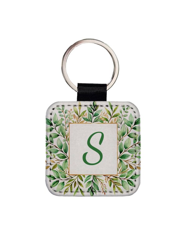 Letter S Initial Monogram Frame Leaf Faux Leather Square Keychain