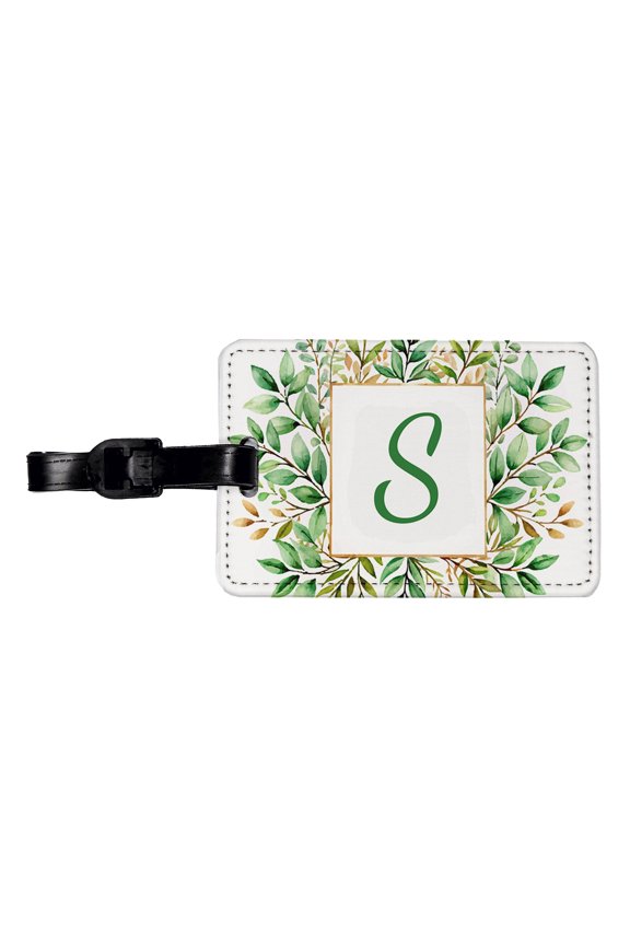 Letter S Initial Monogram Frame Leaf Faux Leather Travel Luggage Tag