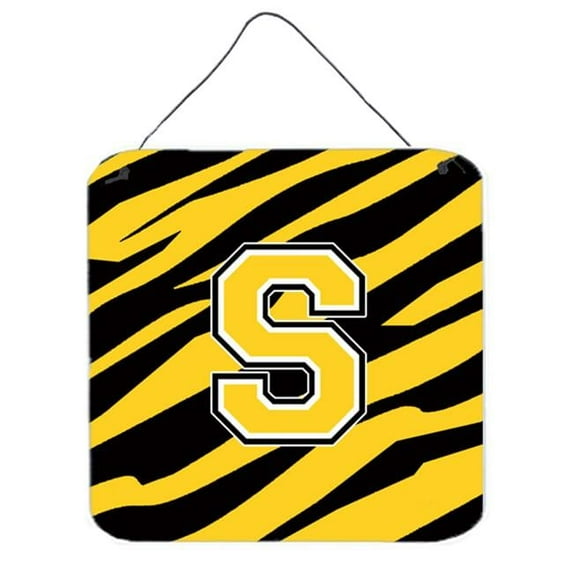 Letter S Initial Tiger Stripe - Black Gold Aluminium Metal Wall Or Door Hanging Prints - 6 x 6 In.