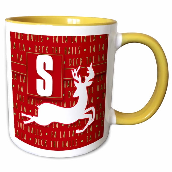 3drose, Letter S Monogram Christmas White Reindeer Deck the Halls Theme, 15oz Two-tone Yellow Mug