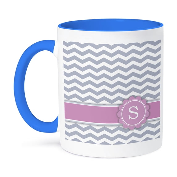 3dRose, Letter S monogrammed on grey and white chevron with pink - gray zigzags - personal initial zig zags, 11oz Two-Tone Blue Mug