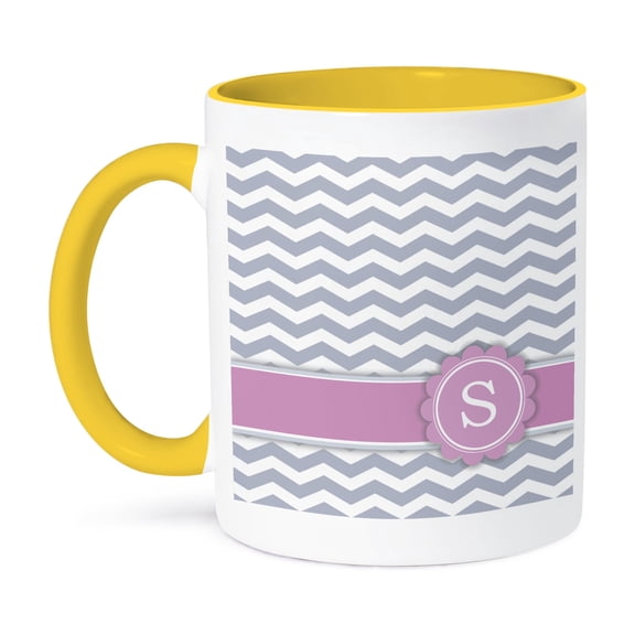 3dRose, Letter S monogrammed on grey and white chevron with pink - gray zigzags - personal initial zig zags, 11oz Two-Tone Yellow Mug