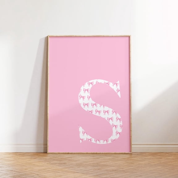Letter S Pink Bow T-Shirt Preppy Initial Print Cute College Dorm Tee, Unframed Canvas 8x10in
