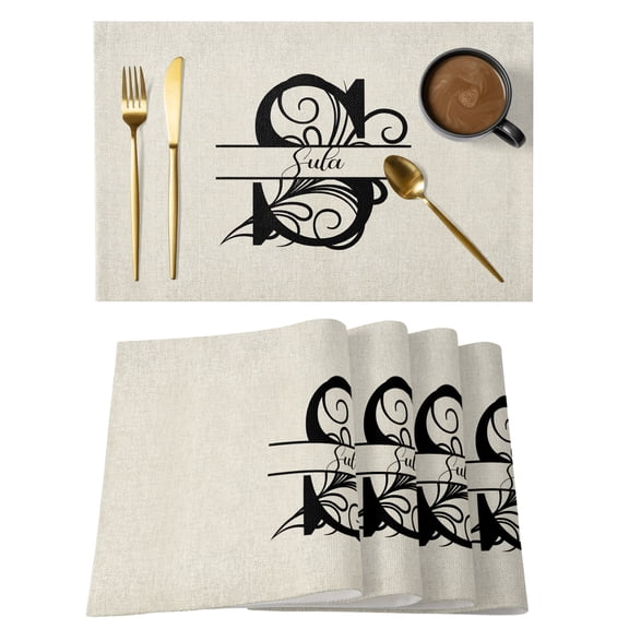 Letter S Placemats Set of 6, Cotton Linen Fabric Place Mats, Monogram Words Washable Decorative Table Mats Protector for Home Kitchen Dining Wedding Party Coffee Tables