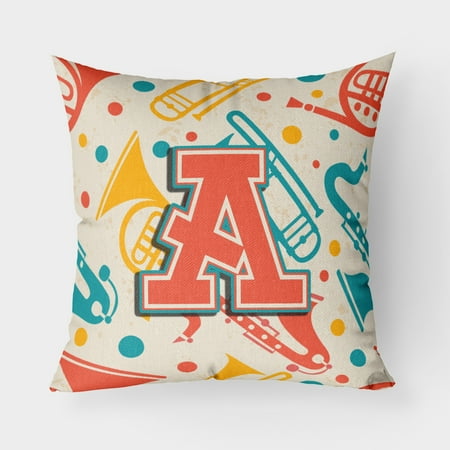 Letter S Retro Teal Orange Musical Instruments Initial Fabric Decorative Pillow