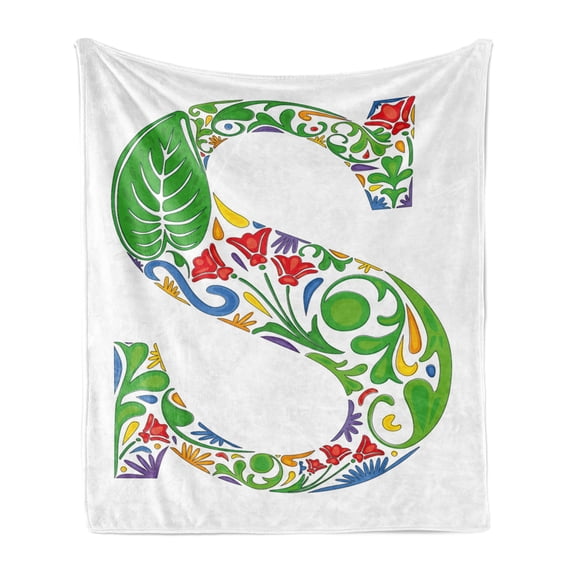 Letter S Soft Flannel Fleece Blanket, Nature Inspired Capital Letter S with Spring Elements Design Flowers Leaf Pattern, Cozy Plush for Indoor and Outdoor Use, 70" x 90", Multicolor, by Ambesonne
