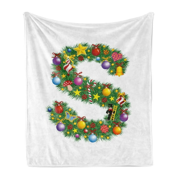Letter S Soft Flannel Fleece Blanket, Pine Design Letter S Christmas Ornaments Colorful Balls Stars Multicolored Pattern, Cozy Plush for Indoor and Outdoor Use, 70" x 90", Multicolor, by Ambesonne