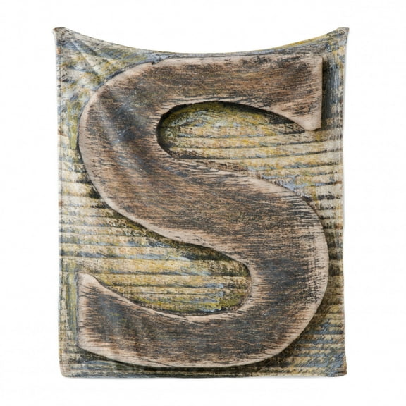 Letter S Soft Flannel Fleece Blanket, Wood Alphabet Block S Timber Texture Image Typography Writing Craft Font, Cozy Plush for Indoor and Outdoor Use, 70" x 90", Pale Yellow Tan Grey, by Ambesonne