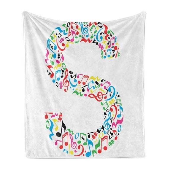 Letter S Soft Flannel Fleece Throw Blanket, S with Colorful Musical Pattern Arts Instruments Creativity Theme Graphic Notes, Cozy Plush for Indoor and Outdoor Use, 70" x 90", Multicolor, by Ambesonne