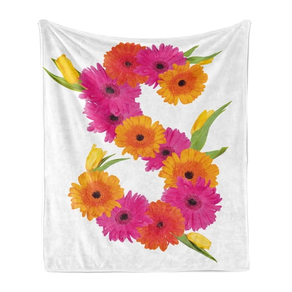 Letter S Soft Flannel Fleece Throw Blanket, Fragrance C Garden Flourishing Nature Essence of Nature in Alphabet, Cozy Plush for Indoor and Outdoor Use, 60" x 80", Orange Hot Pink Green, by Ambesonne