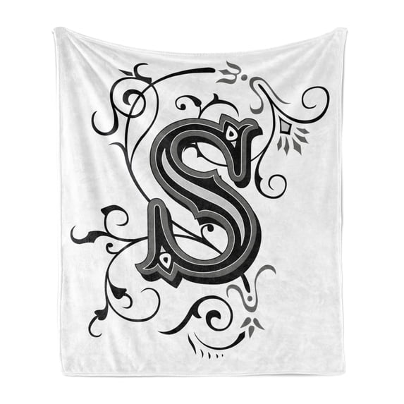 Letter S Soft Flannel Fleece Throw Blanket, Monochrome Letter from Alphabet S Abstract Design Swirls and Other Shapes, Cozy Plush for Indoor and Outdoor Use, 50" x 70", Black Grey White, by Ambesonne