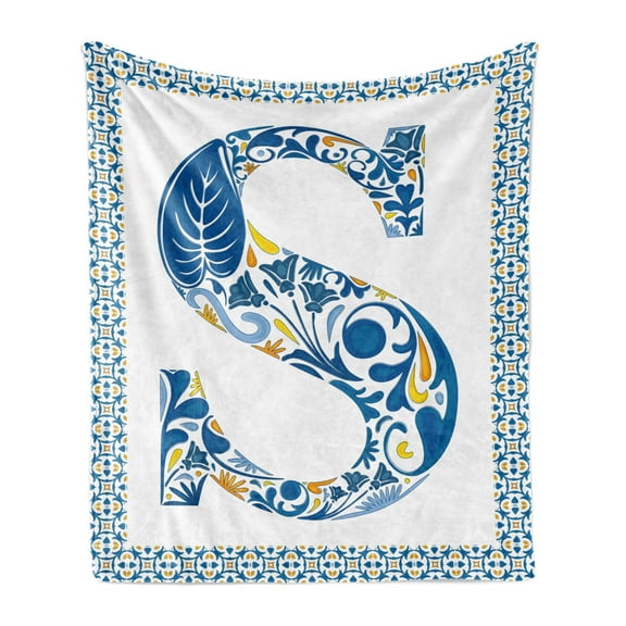 Letter S Soft Flannel Fleece Throw Blanket, Old Fashioned Alphabet Typography Design in a Frame with Azulejo Motifs, Cozy Plush for Indoor and Outdoor Use, 50" x 70", Blue Yellow Orange, by Ambesonne