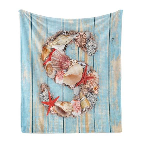 Letter S Soft Flannel Fleece Throw Blanket, Various Seashells Scallops Starfishes on Wooden Planks Nautical, Cozy Plush for Indoor and Outdoor Use, 70" x 90", Dark Coral Pale Blue, by Ambesonne