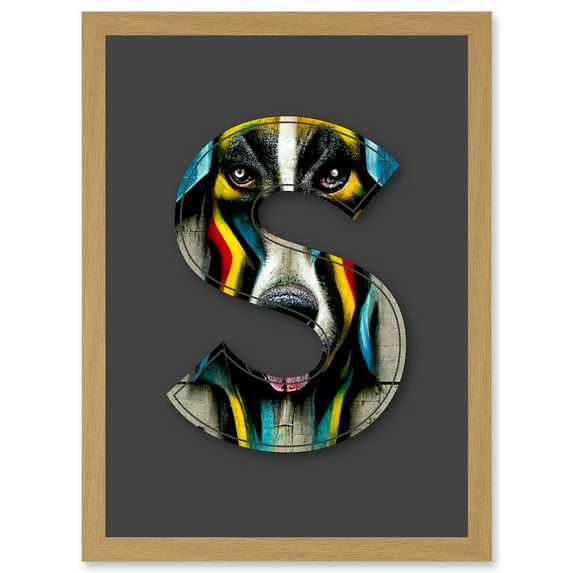 Letter S Stripe Dog Face Multicoloured Decorative Graffiti Mural Alphabet Initial Stencil Artwork Framed Wall Art Print A4