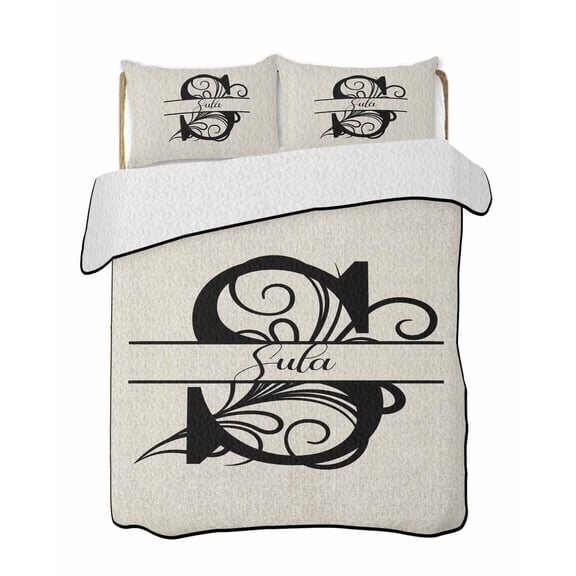 Letter S Summer Quilt Set Full Size, Soft Microfiber Quilted Bedding Set with 2 Pillow Shams, Monogram Words Lightweight All Season Bedspread Coverlet for Bedroom 78"x90"