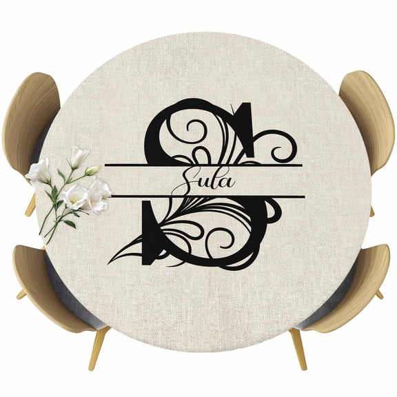 Letter S Table Cloth, Round Fitted Tablecloths with Elastic Edge, Monogram Words Wipeable Waterproof Table Cover for Kitchen Wedding 55-60 Inches