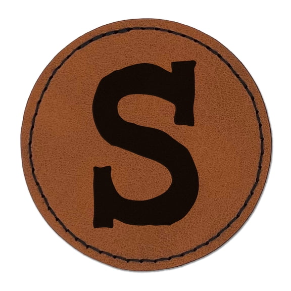 Letter S Uppercase Cute Typewriter Font 2.5" Faux Leather Round Engraved Iron-On Patch - Brown