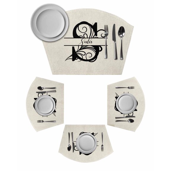 Letter S Wedge Shaped Placemats Set of 6, Cotton Linen Fan Place Mats, Monogram Words Washable Table Mats for Holiday Wedding Party Dinning Coffee Tables 11.8"x17.5"