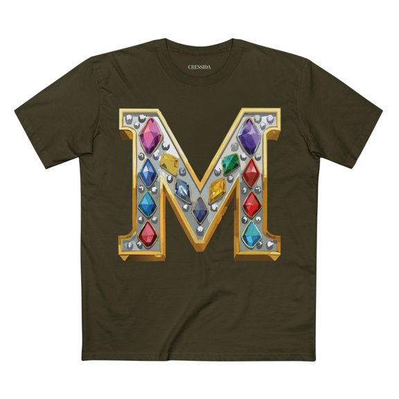 Letter M Graphic Design Tee Unisex 100 Cotton With Antique Gold Letters Artwork T-Shirt