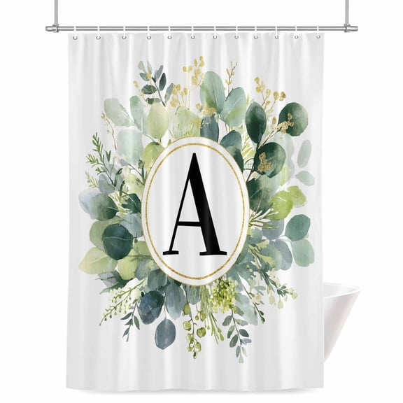 Letter A Shower Curtain, Alphabet Green Eucalyptus Leaves Plant Simple Waterproof Shower Curtain Set with 12 Hooks Lightweight Bath Curtains Fabric Bathroom Decor 36x72 Inches