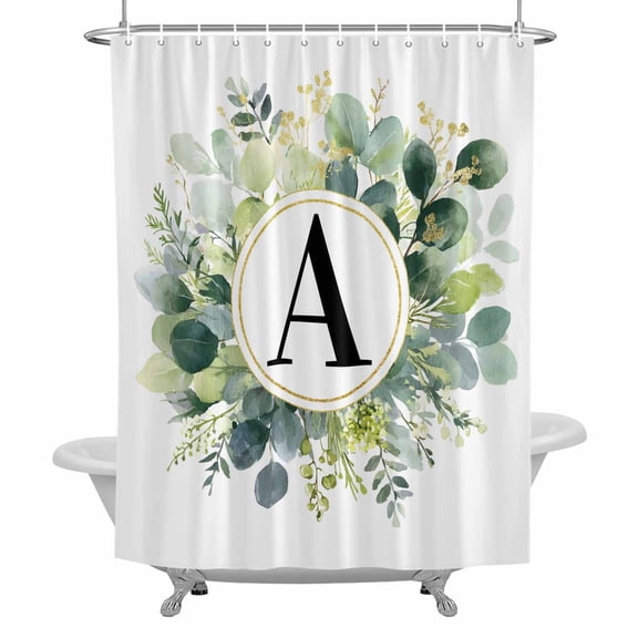 Letter A Shower Curtain for Bathroom, Alphabet Green Eucalyptus Leaves Plant Simple Waterproof Cloth Fabric Bathroom Accessories Set with 12 Rust Proof Plastic Hooks, 36"x72"