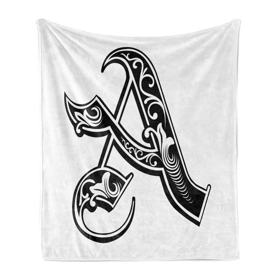 Letter a Soft Flannel Fleece Blanket, Abstract Design Early Medieval Period Soft Curved Lines Dark Contrasting Colors, Cozy Plush for Indoor and Outdoor Use, 60" x 80", Black White, by Ambesonne