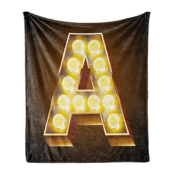Letter a Soft Flannel Fleece Blanket, First Letter of Alphabet Old Cinema Inspired Design Image Illustration, Cozy Plush for Indoor and Outdoor Use, 70" x 90", Caramel Yellow Black, by Ambesonne