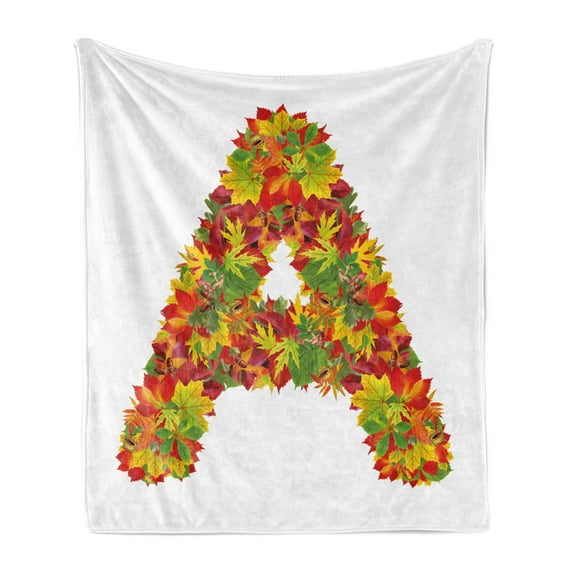 Letter a Soft Flannel Fleece Throw Blanket, Autumn Themed Leaves Vivid Color Palette Fall Seasonlphabet Sign, Cozy Plush for Indoor and Outdoor Use, 50" x 70", Vermilion Yellow Green, by Ambesonne