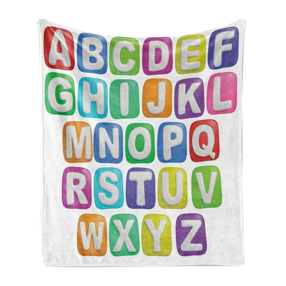 Letter Soft Flannel Fleece Throw Blanket, Cartoon Style Colorful Alphabet Squares Children Kids Nursery Kindergarten Design, Cozy Plush for Indoor and Outdoor Use, 70" x 90", Multicolor, by Ambesonne