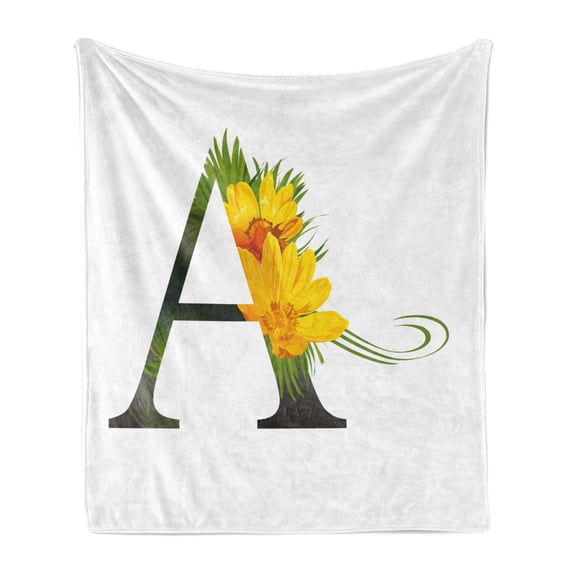Letter a Soft Flannel Fleece Throw Blanket, Floweringlphabet Design Letternddonisroeschen Blossoms Typography, Cozy Plush for Indoor and Outdoor Use, 60" x 80", Marigold Green Black, by Ambesonne