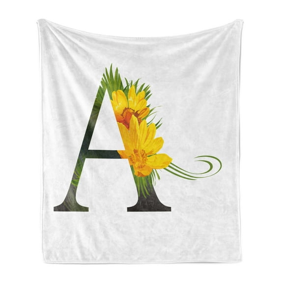 Letter a Soft Flannel Fleece Throw Blanket, Floweringlphabet Design Letternddonisroeschen Blossoms Typography, Cozy Plush for Indoor and Outdoor Use, 70" x 90", Marigold Green Black, by Ambesonne