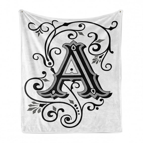 Letter a Soft Flannel Fleece Throw Blanket, Ornamental Pattern Uppercase First Letter of the Alphabet Abstract Design, Cozy Plush for Indoor and Outdoor Use, 50" x 60", White Black Grey, by Ambesonne