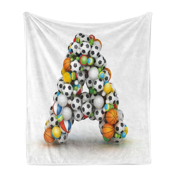 Letter a Soft Flannel Fleece Throw Blanket, Sports Balls Stacked to Build the First Letter of the Alphabet Capital, Cozy Plush for Indoor and Outdoor Use, 50" x 60", Multicolor, by Ambesonne