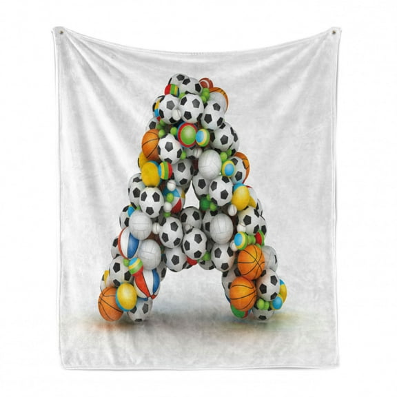 Letter a Soft Flannel Fleece Throw Blanket, Sports Balls Stacked to Build the First Letter of the Alphabet Capital, Cozy Plush for Indoor and Outdoor Use, 50" x 70", Multicolor, by Ambesonne