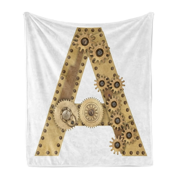 Letter a Soft Flannel Fleece Throw Blanket, Steampunk Mechanicallphabet Letter Font Photo Compilation Cogwheel Clench, Cozy Plush for Indoor and Outdoor Use, 60" x 80", Sand Brown, by Ambesonne