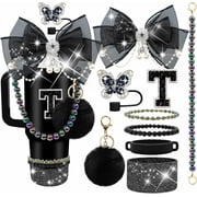 Accessories Set for Stanley Cup,Letter Stickers Bling Straw Topper for 40/30/20 oz Tumbler Bow Charms, Butterfly Cap, Pearl Strap, Silicone Boot, Accessories for Stanley Quencher H2.0