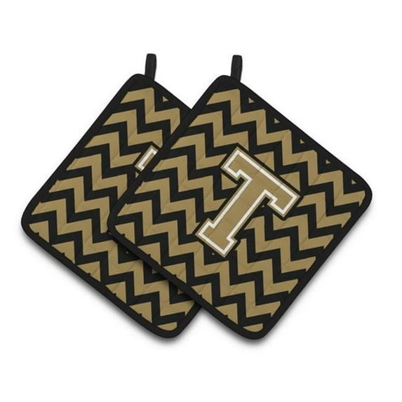 Letter T Chevron Black & Gold Pair of Pot Holders