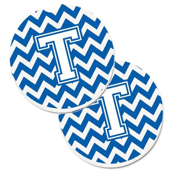 Letter T Chevron Blue & White Set of 2 Cup Holder Car Coaster