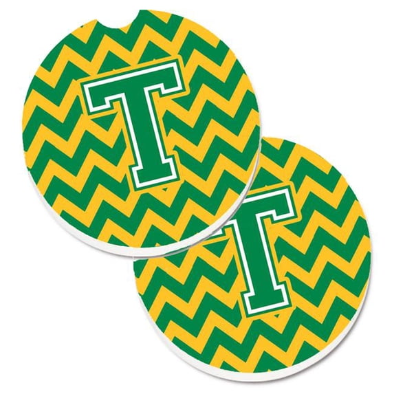 Letter T Chevron Green & Gold Set of 2 Cup Holder Car Coaster