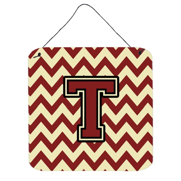 Letter T Chevron Maroon and Gold Wall or Door Hanging Prints