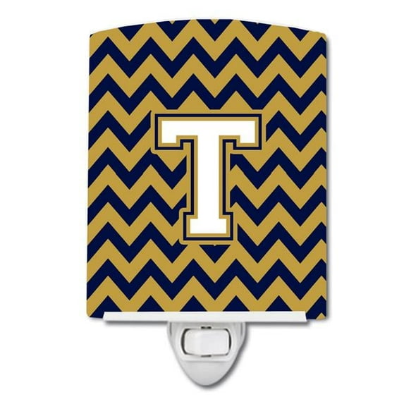 Letter T Chevron Navy Blue & Gold Ceramic Night Light