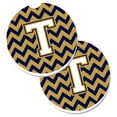 thumbnail image 1 of Letter T Chevron Navy Blue & Gold Set of 2 Cup Holder Car Coaster, 1 of 1