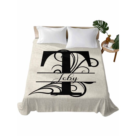 Letter T Flat Sheet Only Twin Size, Soft Breathable Bed Top Sheets for Mattress, Monogram Words Luxury Bedding Flat Sheets for Home Hotel Bedroom Bed Protection